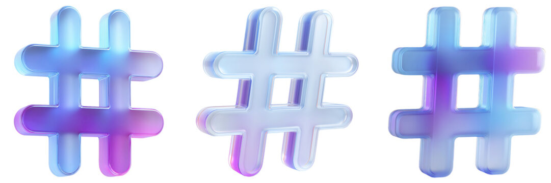 3D glass hashtag icons with holographic gradient for social media and trending topics.