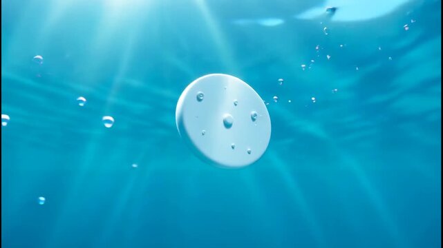 White circular object floating underwater with bubbles rising, illuminated by sun rays through water surface