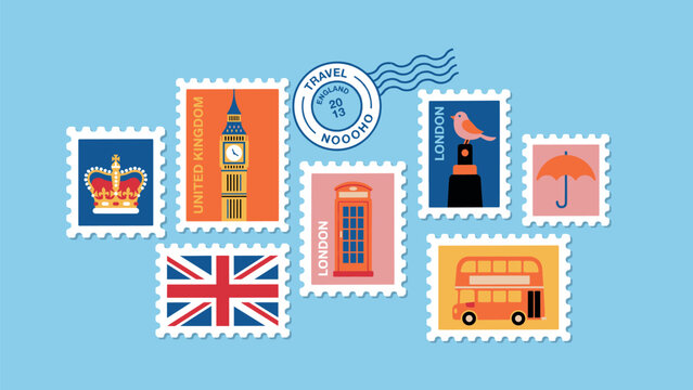 Set of london themed postage stamps featuring big ben, red telephone box, double decker bus, crown, and union jack