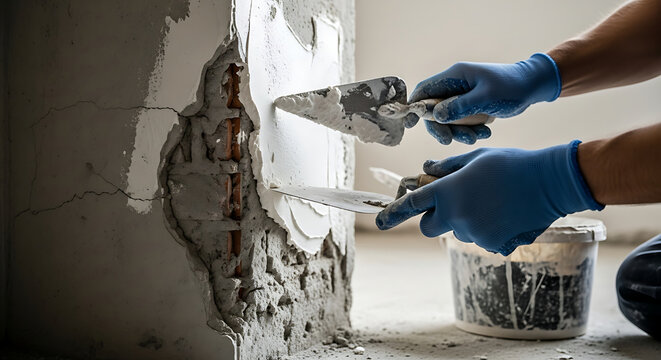 Worker applying plaster to a damaged wall with metal trowels