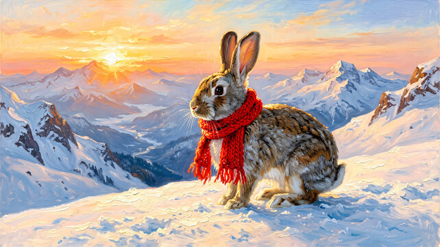 Rabbit in Red Scarf on Snowy Mountain