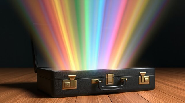 open briefcase emitting colorful rainbow light rays