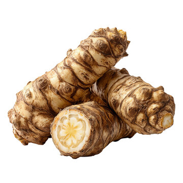 Light beige,  brown root vegetables,  cut sections show ivory interior