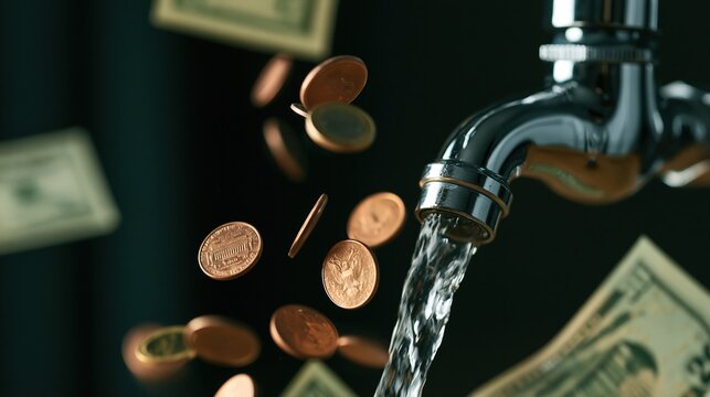 Money falling from running water faucet symbolizing waste