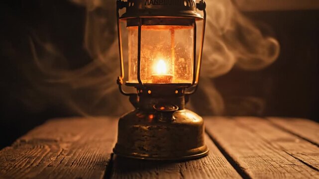 Glowing vintage kerosene lantern emitting wisps of white smoke in dark atmospheric motion video clip animation