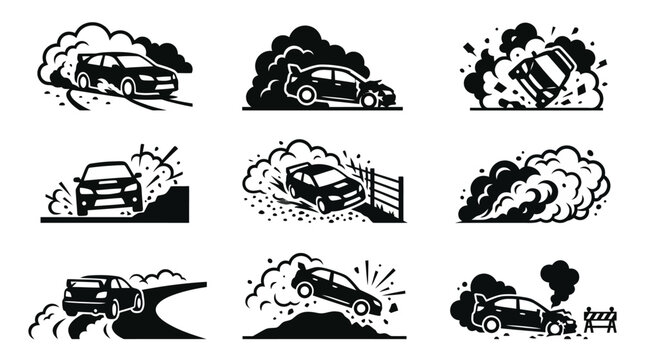 Cars in various crash scenarios.