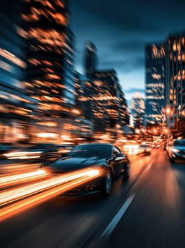 Black sports car speeding through city at night
