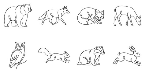 Obraz premium line art illustration of various forest animals including bear wolf fox deer owl squirrel badger and hare.