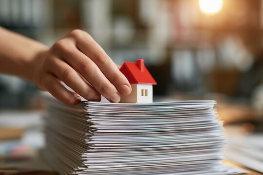 Hand placing miniature house atop stack of documents