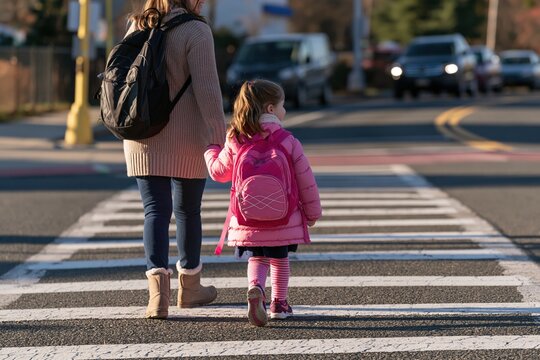 Mother and daughter crossing street at crosswalk