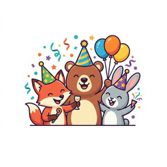 Fototapeta premium Cute Animal Friends Celebrating a Joyful Birthday Party with Colorful Balloons and Confetti Vector Illustration