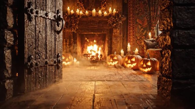 Glowing jack o lanterns inside dark gothic mansion room revealed in this spooky video motion clip