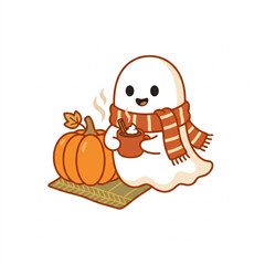 Naklejka premium Cute Cartoon Ghost Wearing a Cozy Scarf Holding a Steaming Pumpkin Spice Drink Beside an Orange Pumpkin for Autumn Season Celebration