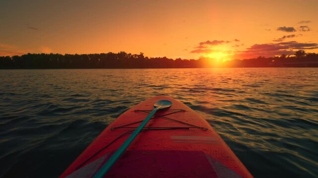 Paddleboard POV View at Sunset on River | Orange Sky over Calm Water | SUP Board with Paddle on Deck