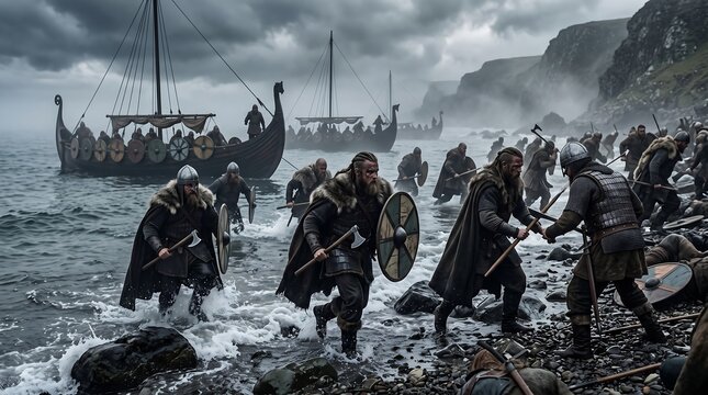 Viking warriors disembarking longships onto a rocky shore under a dramatic cloudy sky, ready for battle.