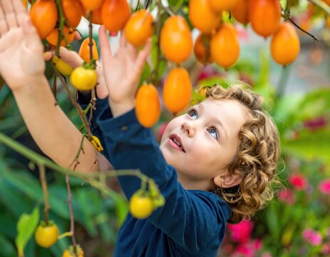 Young child picking orange fruit from a tree.