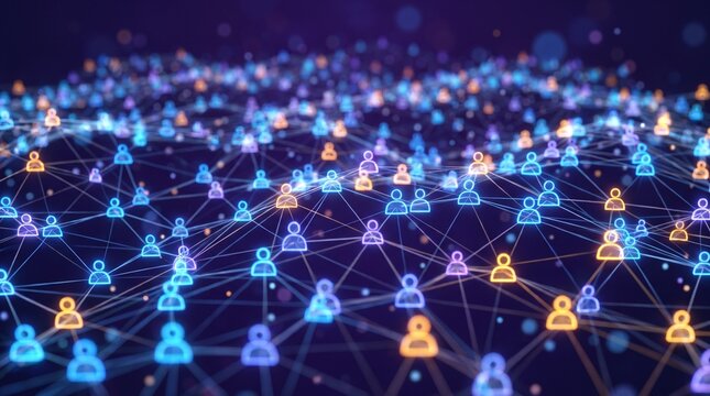 Abstract digital human network connection with glowing user icons and mesh lines background