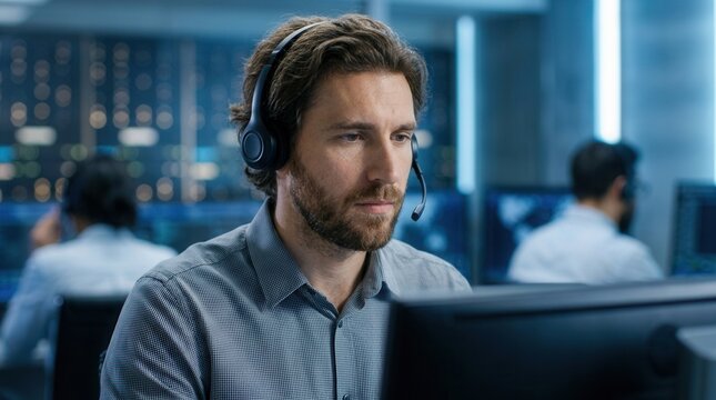 Medium shot of a technical support operator quickly diagnosing issues and managing urgent IT incident calls.