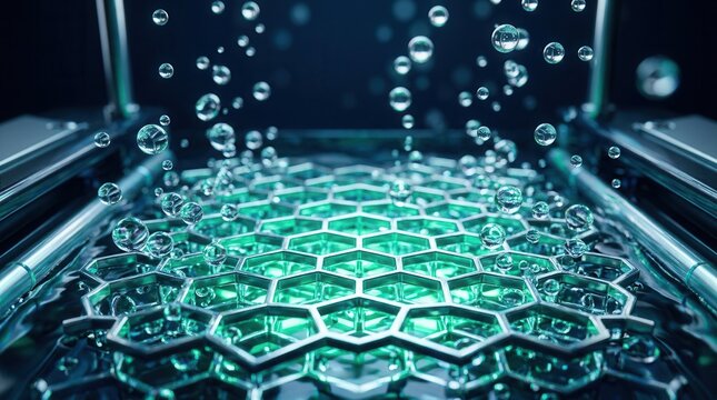 Bubbles forming in the electrolytic cell of a highperformance electrolysis unit beside the smelter, highlighting green hydrogen from renewable sources.