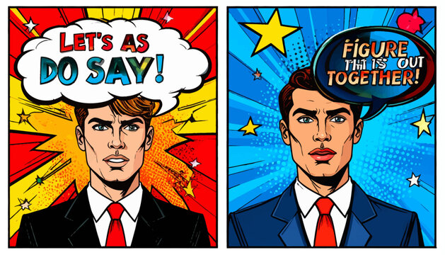 Two pop art style men with speech bubbles, one with jumbled words, the other with clear communication.