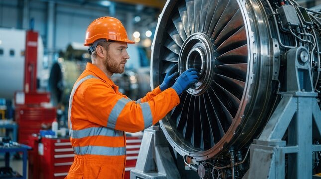 Large jet engine being repaired by a professional aircraft mechanic wearing a hardhat and orange jumpsuit in a factory