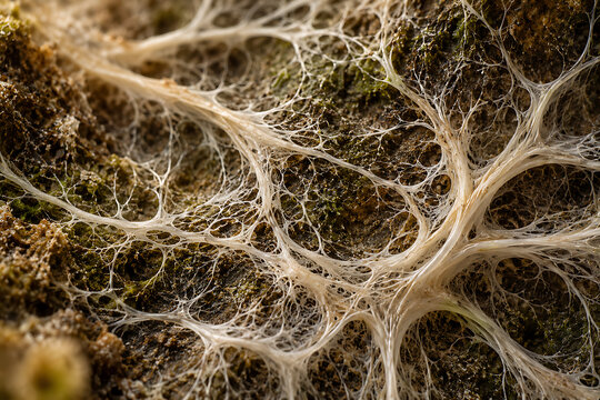 A close-up view of a network of fungal hyphae on soil