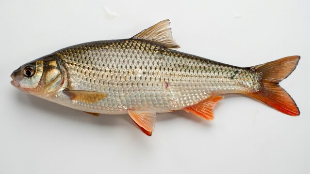 A freshly caught roach fish displayed on a plain white background for education and cooking