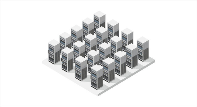 Server Rack Array Data Center Technology Isometric View.
