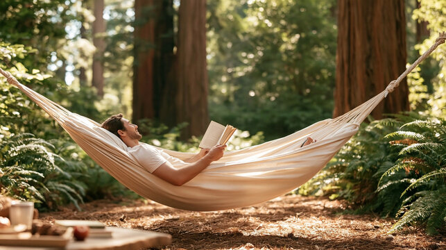 Person Reading In Hammock Among Sunlit Forest Trees
