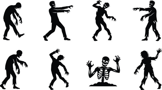 Zombie silhouette collection, spooky Halloween undead characters, black vector illustration set for horror themed creative design projects