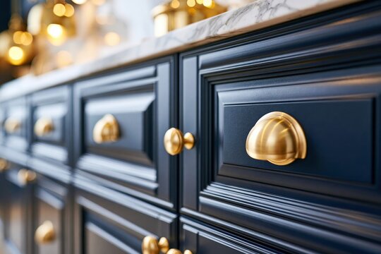 Close-up of elegant blue kitchen drawers with gold