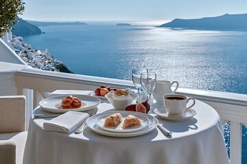 Obraz premium Breakfast table set with food and drinks overlooking