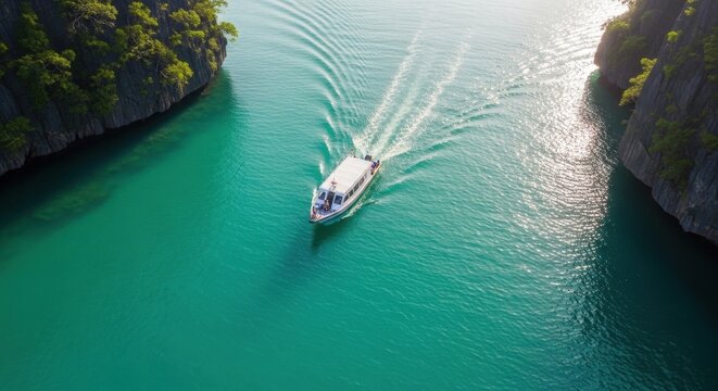 White motorboat navigating the turquoise waters of a tropical coastline, creating a serene vacation experience.
