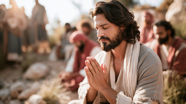 Jesus Praying With Folded Hands Among His Followers
