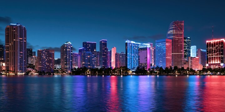Miami skyline illuminated at night over water