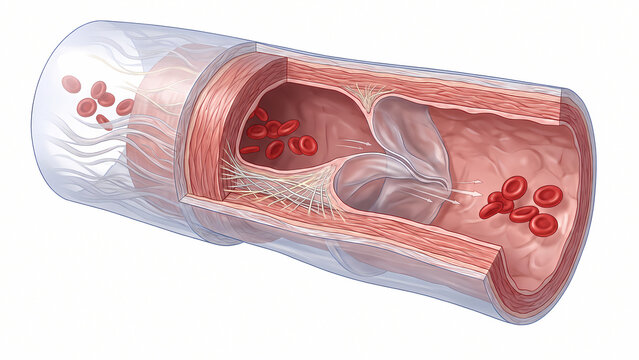 Anatomical 3d illustration of vein valve cross section showing blood flow and red blood cells