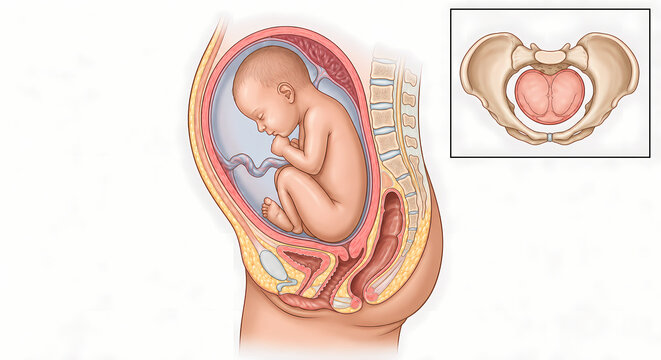 Anatomical cross section illustration of fetus in uterus and maternal pelvic cavity