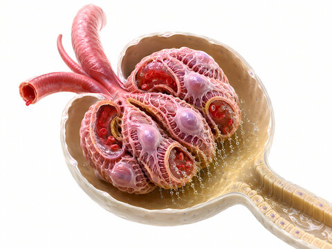 Microscopic 3d render of renal glomerulus structure showing bowman capsule and podocytes