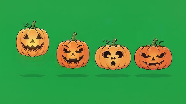 Cartoon jack o lantern characters jumping on green screen background
