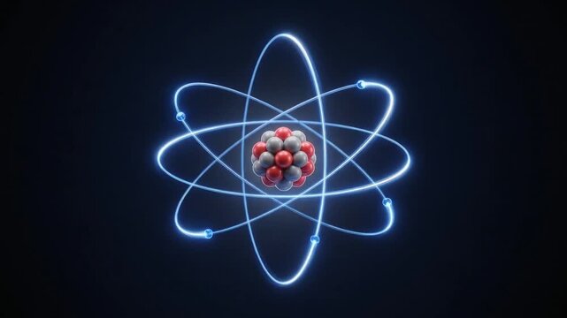 Futuristic 3D atom visualization featuring a central nucleus and glowing electron paths, isolated against a dark background for physics, chemistry, education, and science concepts.