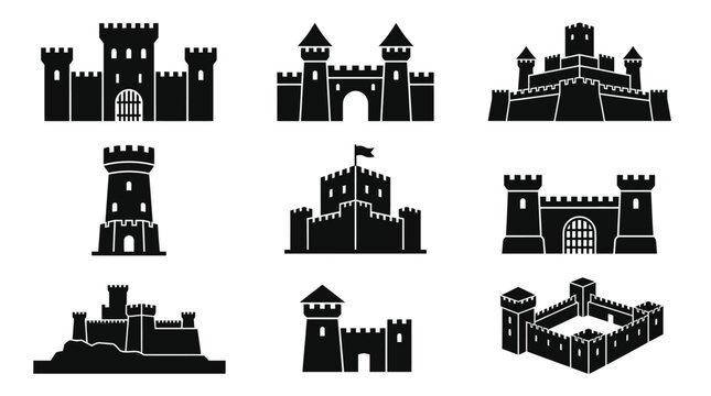 Collection of castle silhouettes icons.
