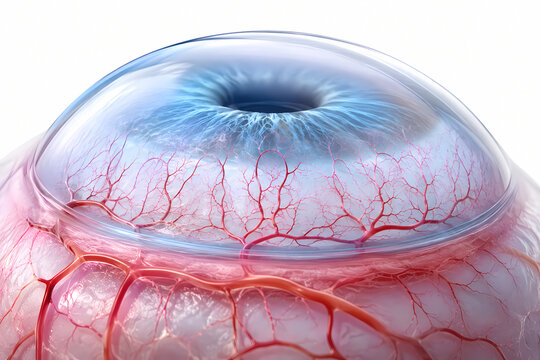 Microscopic 3d render of human eye cornea showing iris and limbal vascular network
