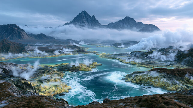 vast geothermal wasteland covered with brilliant yellow sulfur deposits, steaming fumaroles scattered across barren volcanic terrain, turquoise acidic pools.
