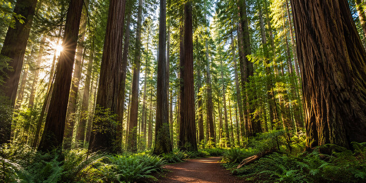 Breathtaking Morning Sunlight Filtering Through Ancient Redwood Forest Trail