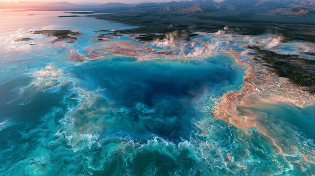extreme aerial view of enormous geothermal hot springs with vivid turquoise, orange, yellow and deep blue mineral patterns, intricate natural microbial textures spreading across volcanic ground.