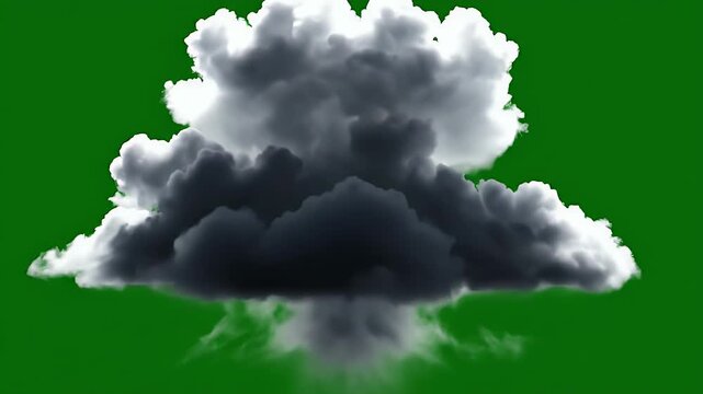 A massive, dark, billowing thundercloud formation isolated on a green background