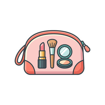 Pink makeup bag with lipstick, brush, and mirror.