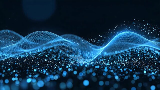 Shimmering blue digital particles form flowing waves against a dark background
