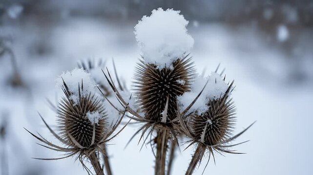 Dry, spiky seed heads dusted with fresh white snow during winter