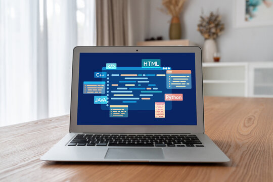 Software development or programming work with coding screen of various programming languages like HTML, , , and C brisk for new application development